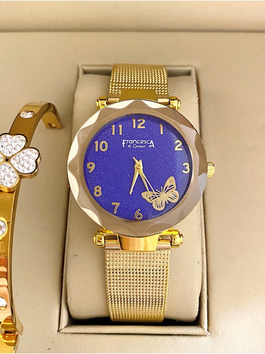 Ceas dama auriu cu bratara metalica si cadran albastru cu fluture mic