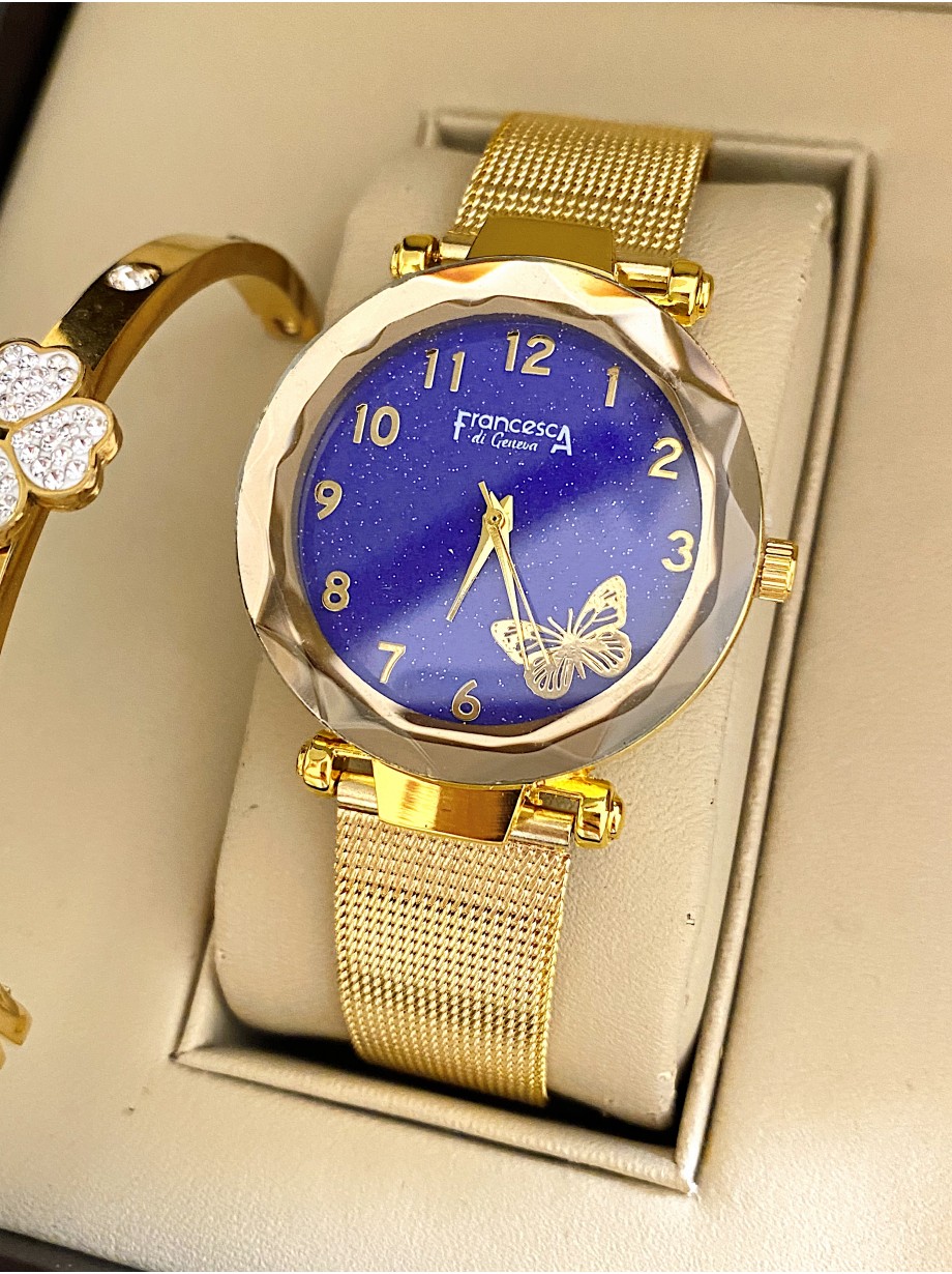 Ceas dama auriu cu bratara metalica si cadran albastru cu fluture mic