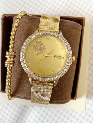 Ceas dama auriu cu bratara metalica si cadran cu frunza