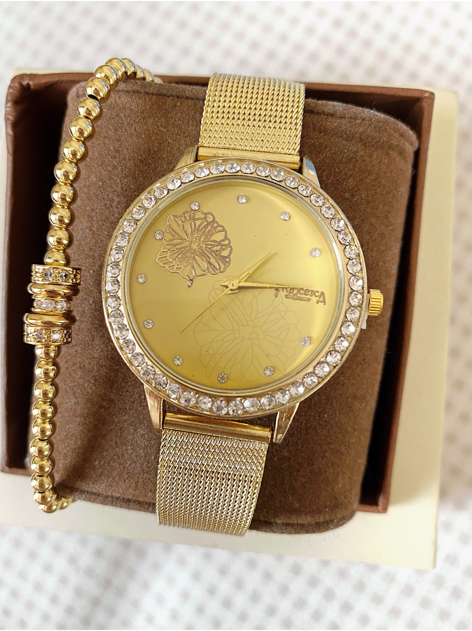 Ceas dama auriu cu bratara metalica si cadran cu frunza