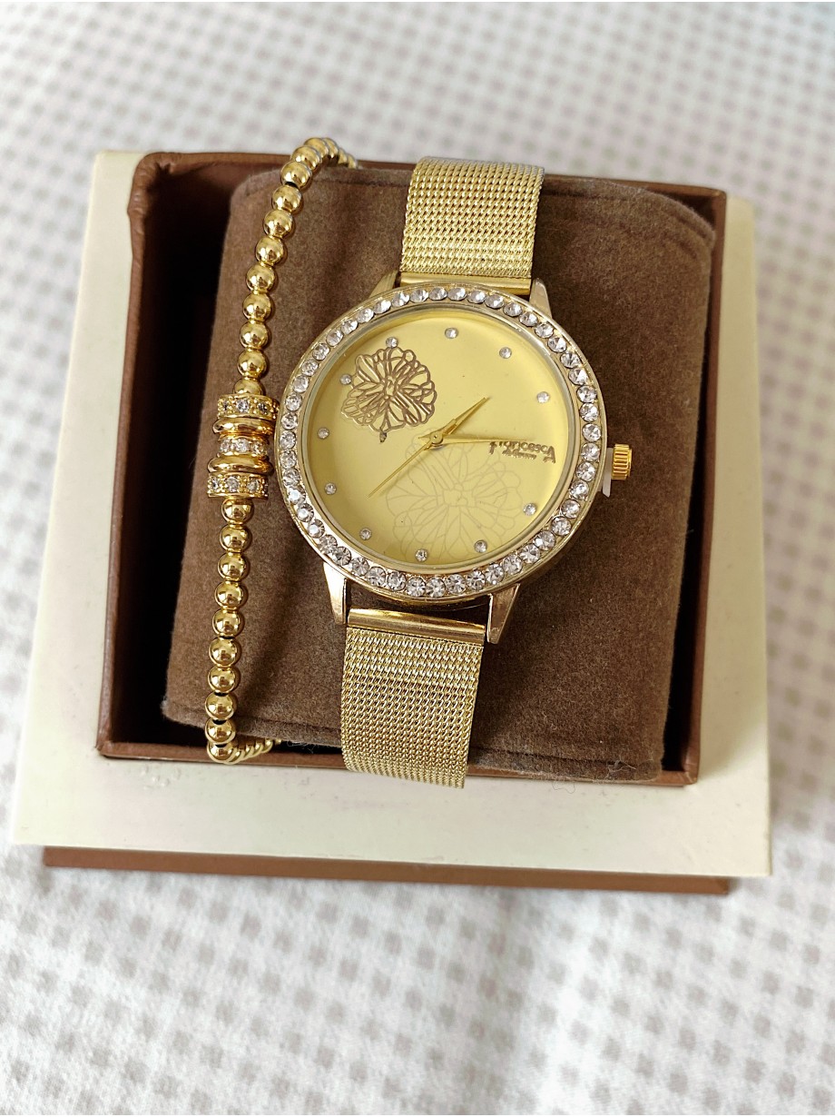 Ceas dama auriu cu bratara metalica si cadran cu frunza