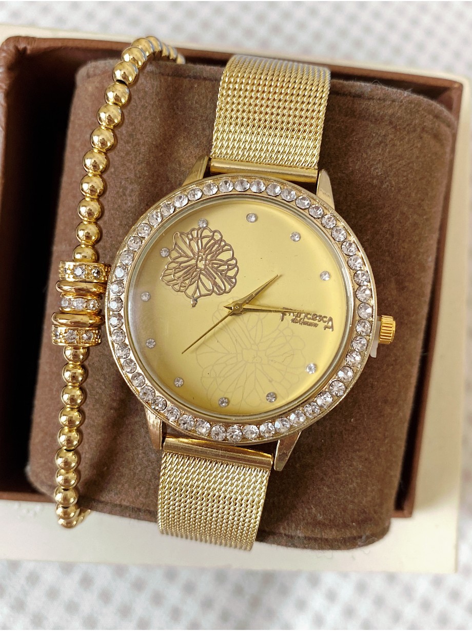 Ceas dama auriu cu bratara metalica si cadran cu frunza