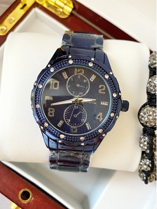 Ceas unisex bleumarin cu bratara metalica si cadran cu 2 cercuri