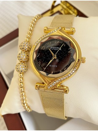 Ceas dama auriu cu bratara metalica si cadran negru