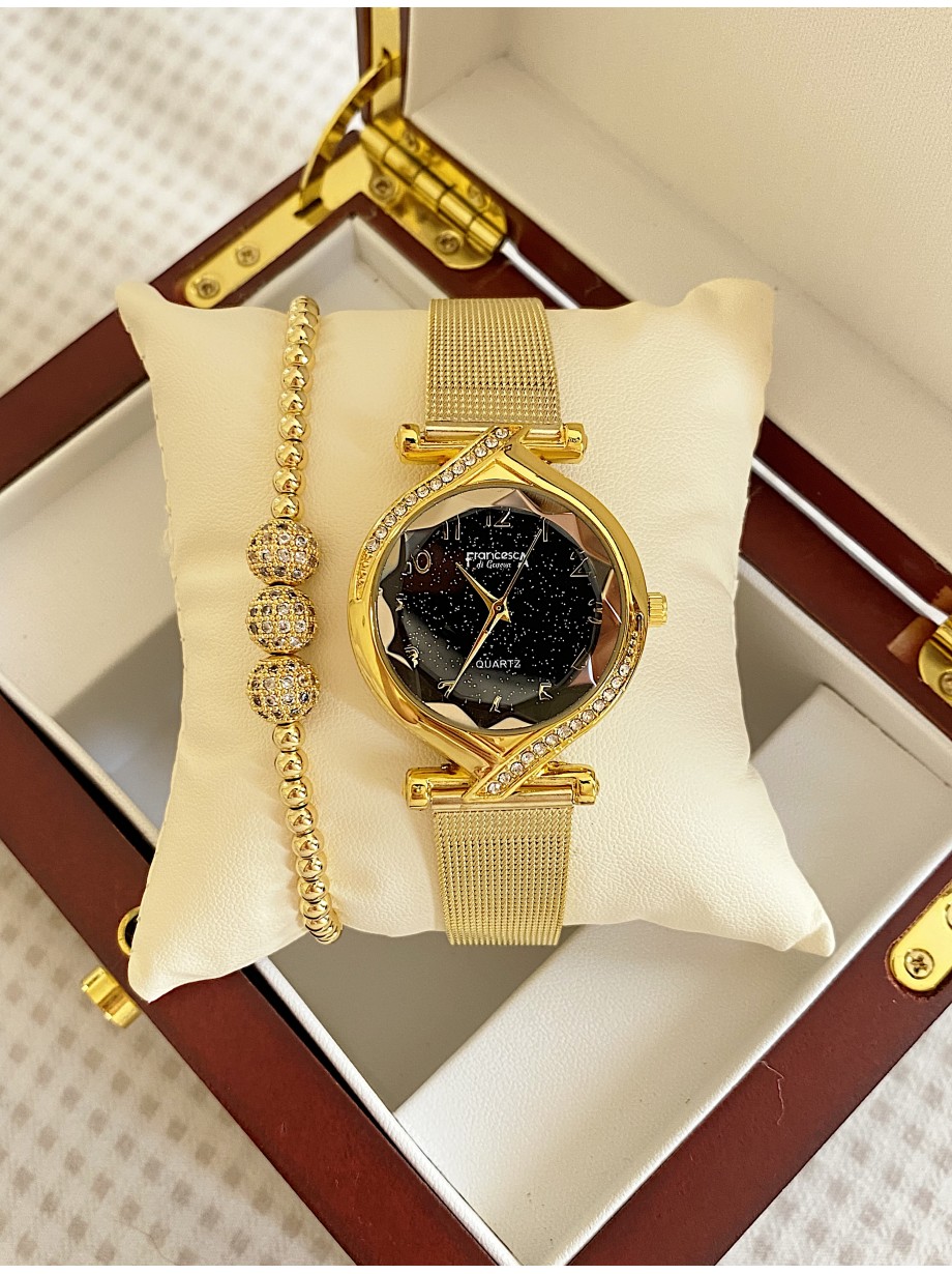 Ceas dama auriu cu bratara metalica si cadran negru