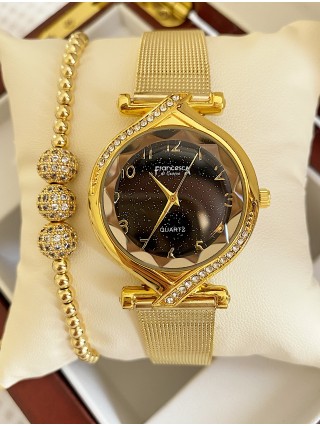 Ceas dama auriu cu bratara metalica si cadran negru