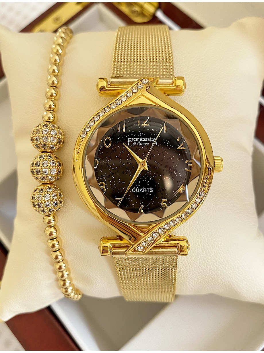 Ceas dama auriu cu bratara metalica si cadran negru