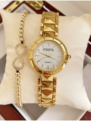 Ceas dama auriu cu bratara metalica si cadran alb fara cifre