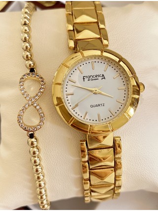 Ceas dama auriu cu bratara metalica si cadran alb fara cifre