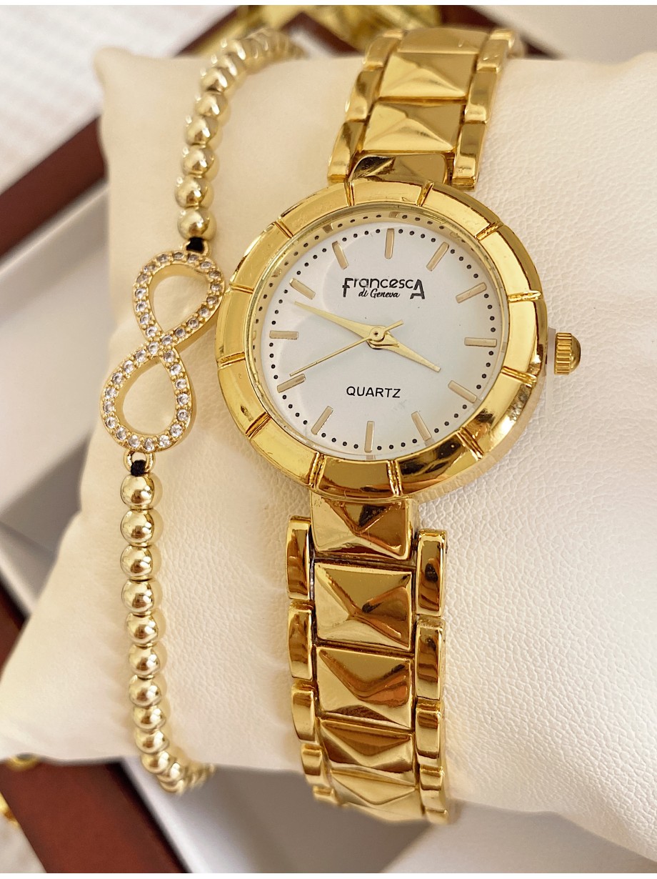 Ceas dama auriu cu bratara metalica si cadran alb fara cifre