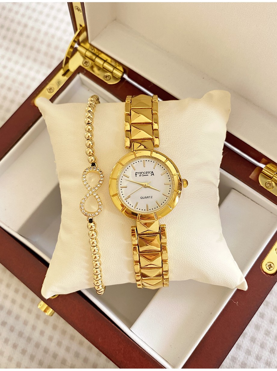 Ceas dama auriu cu bratara metalica si cadran alb fara cifre