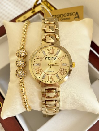 Ceas dama auriu cu bratara metalica si cadran cu cifre romane