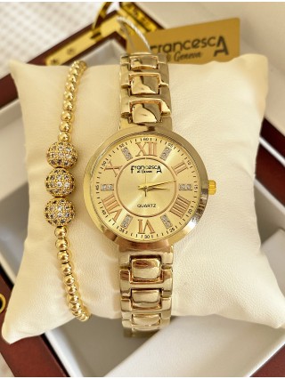 Ceas dama auriu cu bratara metalica si cadran cu cifre romane