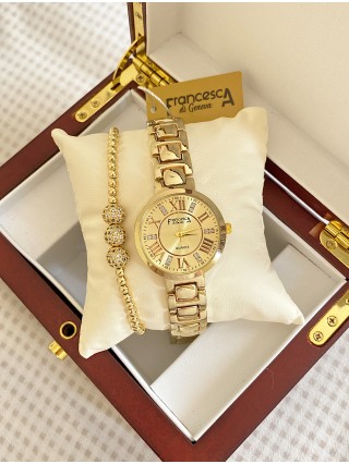 Ceas dama auriu cu bratara metalica si cadran cu cifre romane