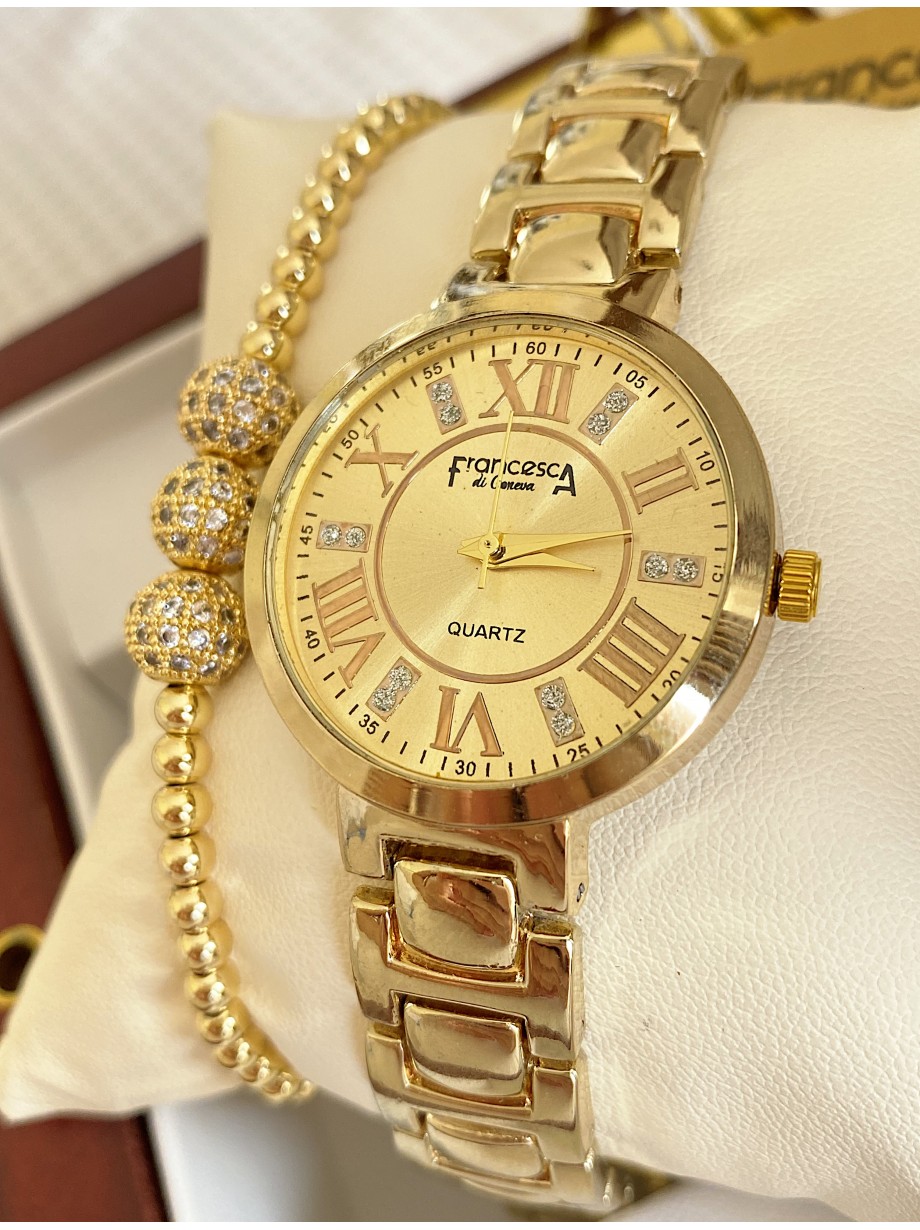 Ceas dama auriu cu bratara metalica si cadran cu cifre romane