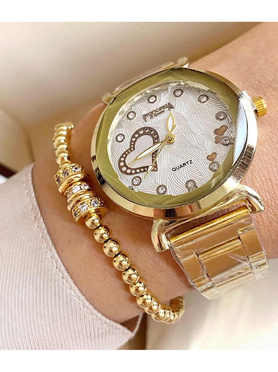 Ceas dama auriu cu bratara metalica si cadran cu inimioara