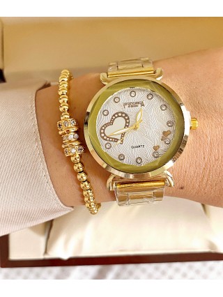 Ceas dama auriu cu bratara metalica si cadran cu inimioara