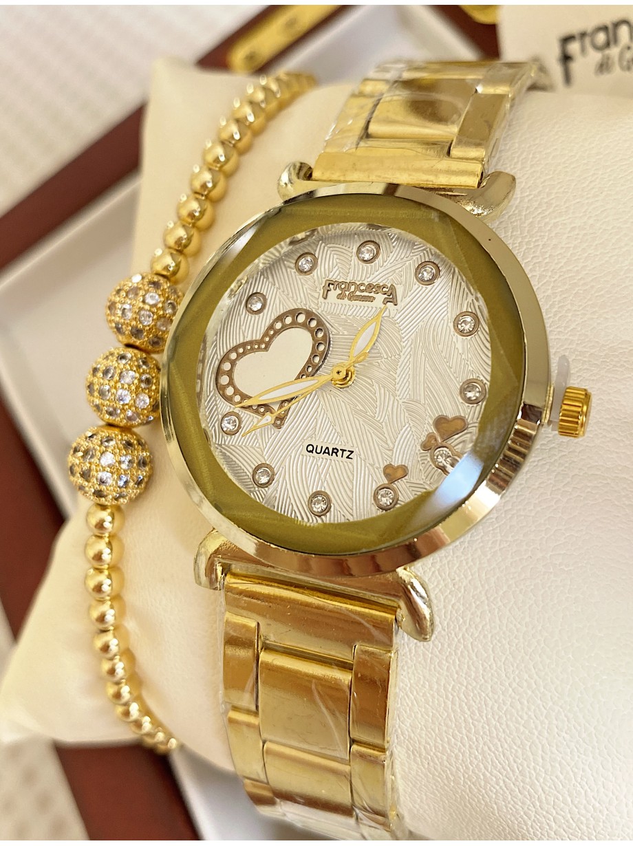 Ceas dama auriu cu bratara metalica si cadran cu inimioara