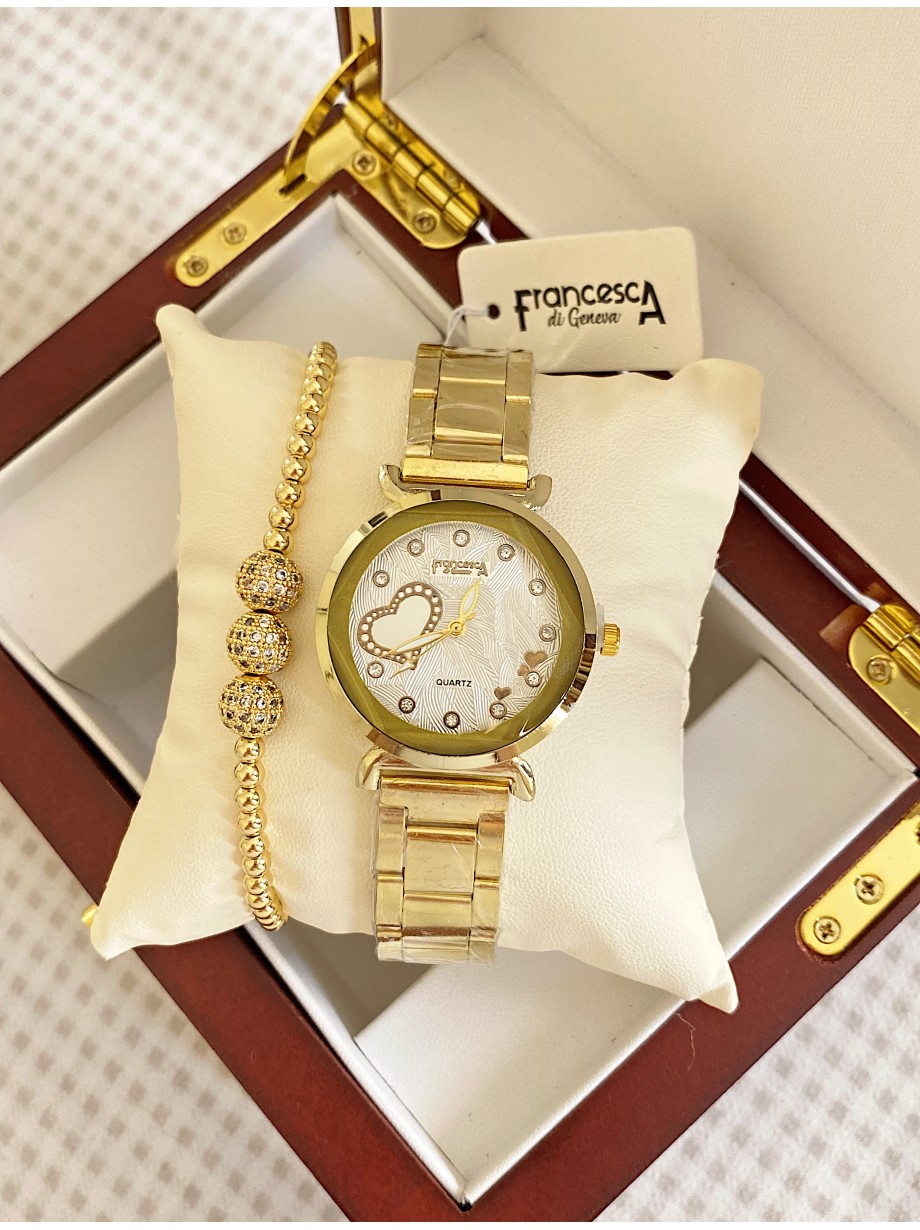 Ceas dama auriu cu bratara metalica si cadran cu inimioara