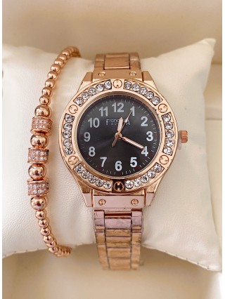 Ceas dama roze cu bratara metalica si cadran negru
