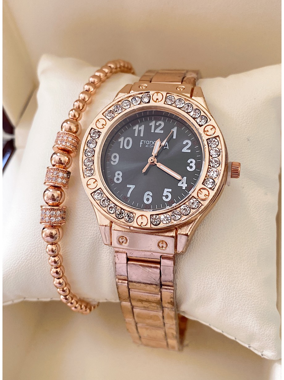 Ceas dama roze cu bratara metalica si cadran negru