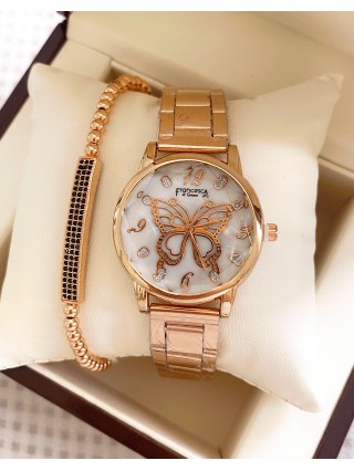 Ceas dama roze cu bratara metalica si cadran cu fluture mare