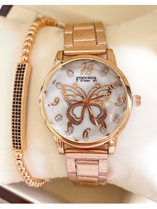 Ceas dama roze cu bratara metalica si cadran cu fluture mare
