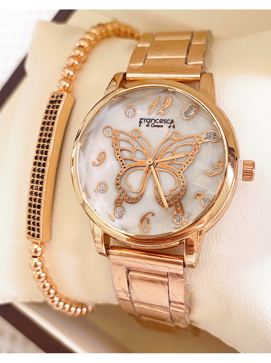 Ceas dama roze cu bratara metalica si cadran cu fluture mare