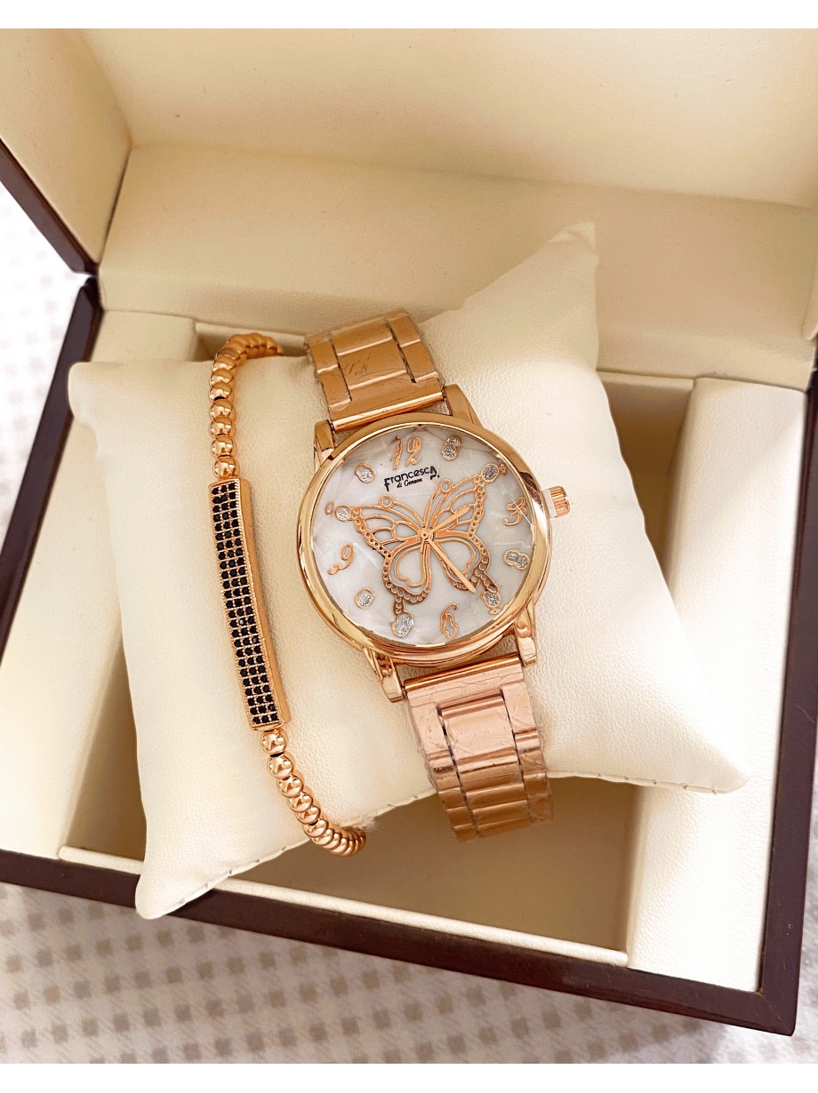 Ceas dama roze cu bratara metalica si cadran cu fluture mare