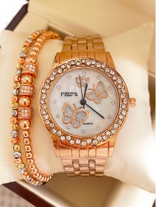 Ceas dama roze cu bratara metalica si cadran cu fluturi