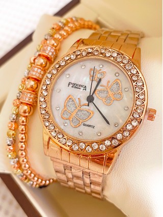 Ceas dama roze cu bratara metalica si cadran cu fluturi