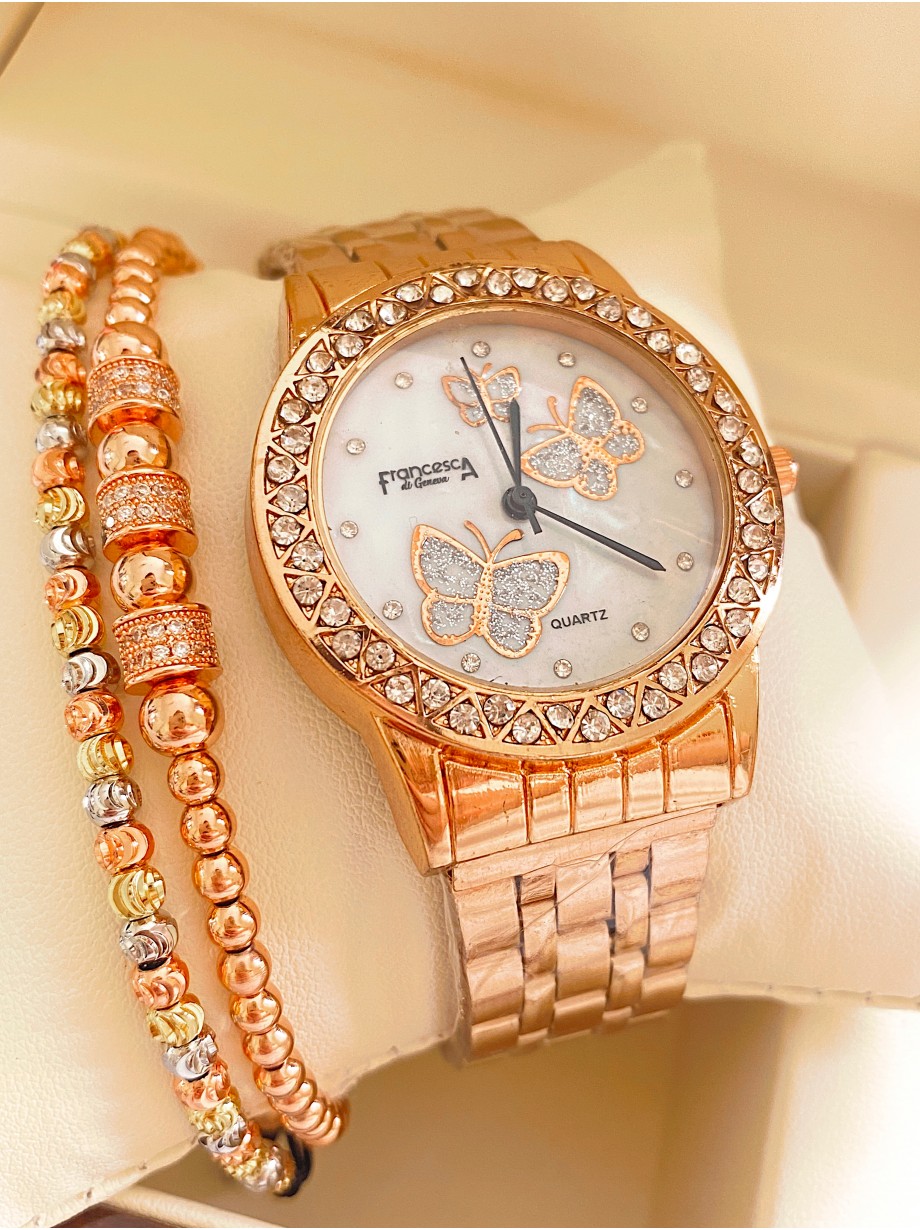 Ceas dama roze cu bratara metalica si cadran cu fluturi