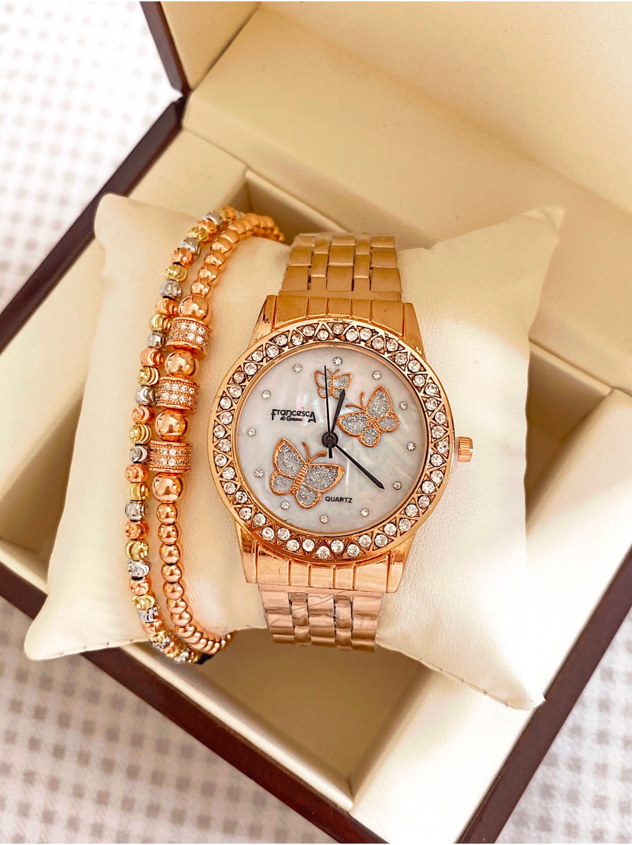 Ceas dama roze cu bratara metalica si cadran cu fluturi