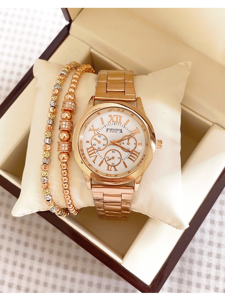 Ceas dama roze cu bratara metalica si cadran cu cifre romane