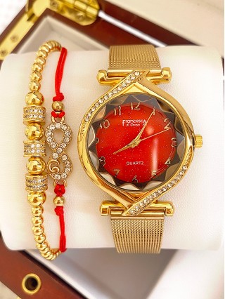 Ceas dama auriu cu bratara metalica si cadran rosu