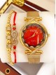 Ceas dama auriu cu bratara metalica si cadran rosu