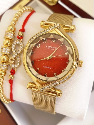 Ceas dama auriu cu bratara metalica si cadran rosu