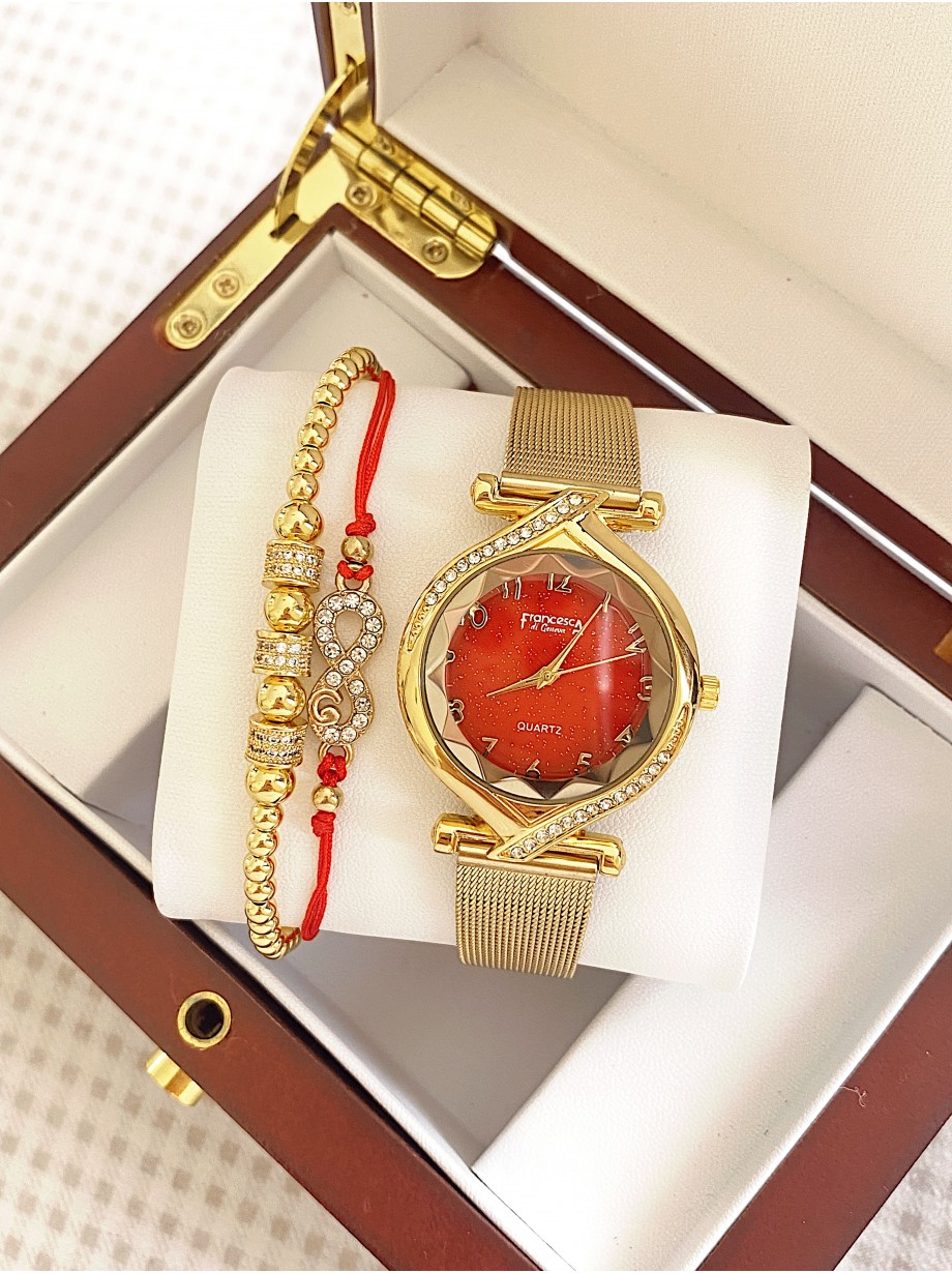 Ceas dama auriu cu bratara metalica si cadran rosu