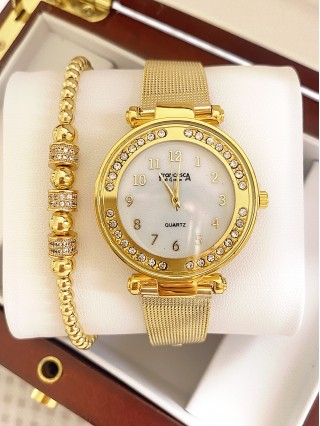 Ceas dama auriu cu bratara metalica si cadran cu cifre mici