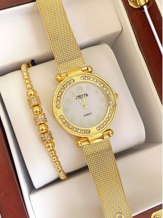 Ceas dama auriu cu bratara metalica si cadran cu cifre mici