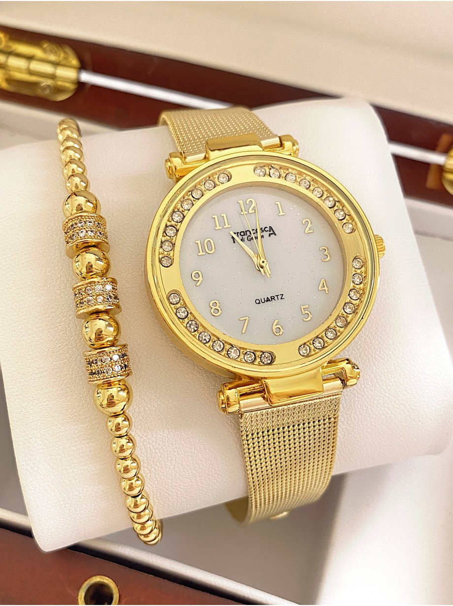 Ceas dama auriu cu bratara metalica si cadran cu cifre mici