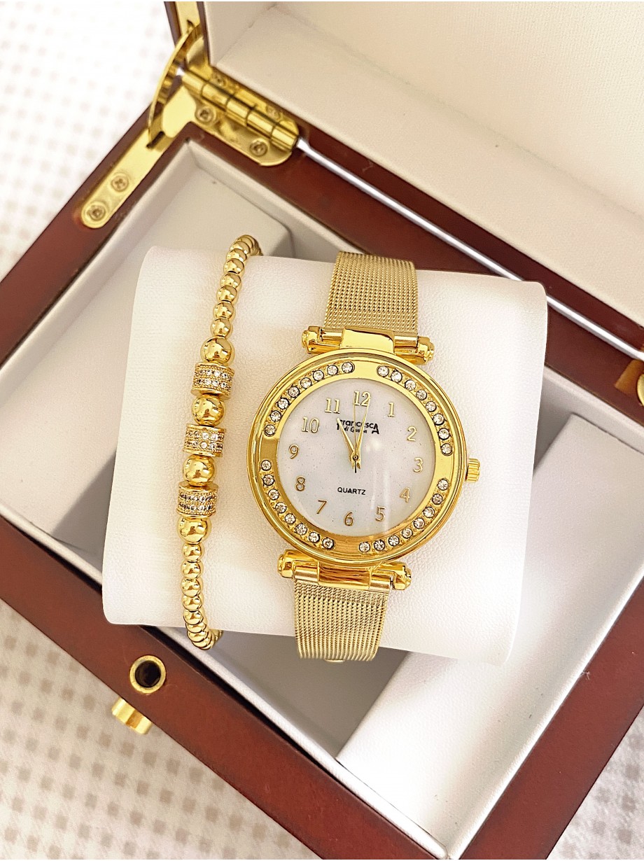 Ceas dama auriu cu bratara metalica si cadran cu cifre mici