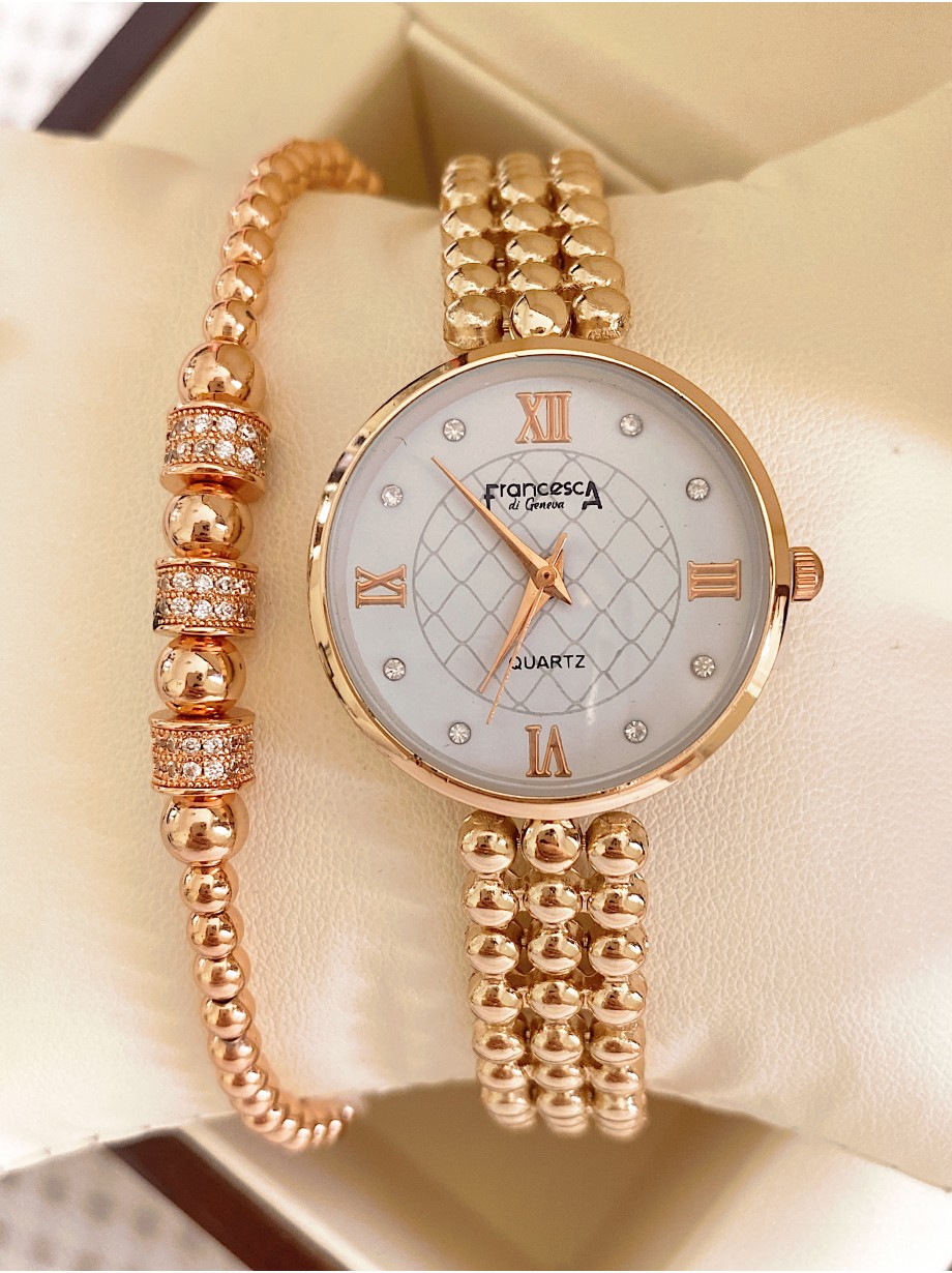 Ceas dama roze cu bratara metalica si cadran cu 4 cifre romane