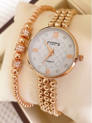 Ceas dama roze cu bratara metalica si cadran cu 4 cifre romane