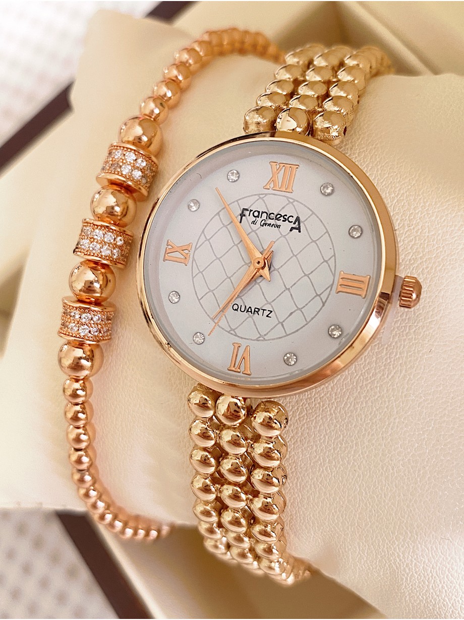 Ceas dama roze cu bratara metalica si cadran cu 4 cifre romane