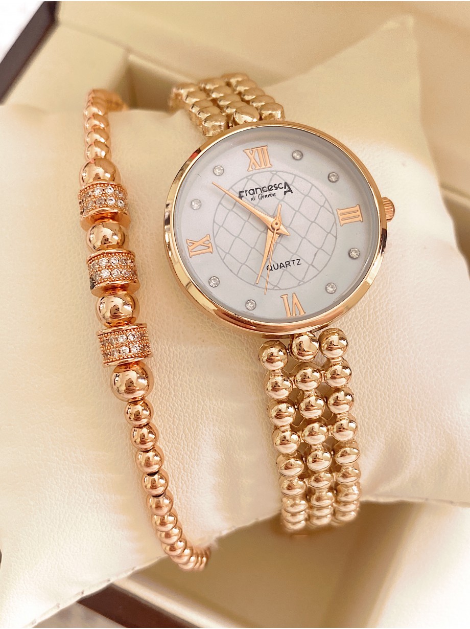 Ceas dama roze cu bratara metalica si cadran cu 4 cifre romane