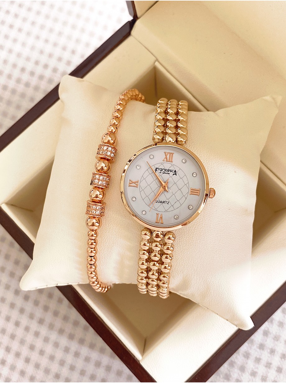 Ceas dama roze cu bratara metalica si cadran cu 4 cifre romane