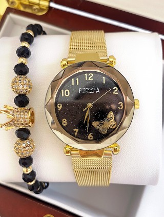 Ceas dama auriu cu bratara metalica si cadran negru cu fluture mic