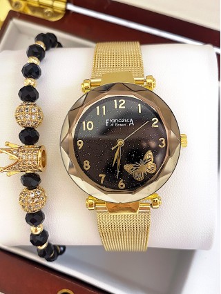 Ceas dama auriu cu bratara metalica si cadran negru cu fluture mic