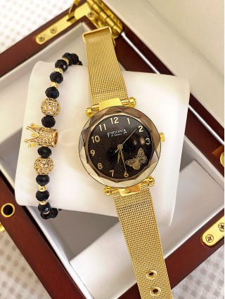 Ceas dama auriu cu bratara metalica si cadran negru cu fluture mic